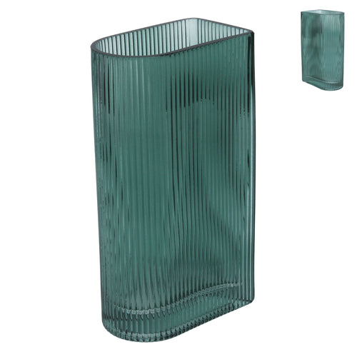 Green Ribbed D-Shaped Glass Vase