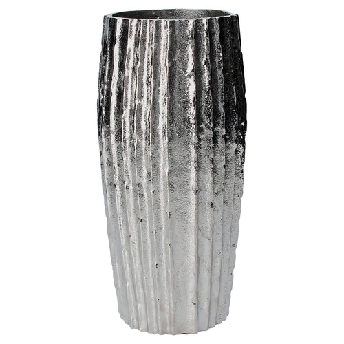 Silver Ribbed Hammered Metal Vase