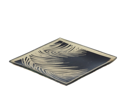 Gold Palm Leaf Black Glass Square Trinket Plate