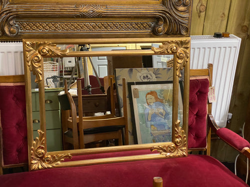 Heavy Unusual Vintage Gold Mirror with Leaf Shaped Corner Mouldings